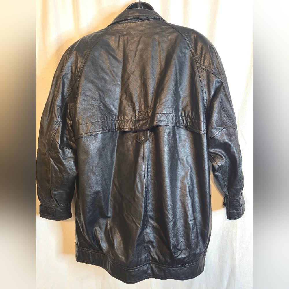 Vintage 90s Black Leather Coat Floral Buttons Shoulder Pad Baddie Jacket Blazer - Picture 5 of 10